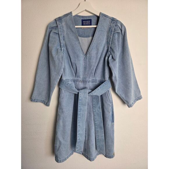 Scotch & Soda Denim Dress Belted XS Blue Mini Pockets NWT - Picture 2 of 12